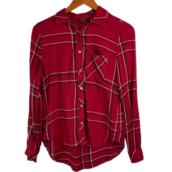 RW&CO Burgundy Plaid Brushed Viscose Button Up Shirt Hi Low Long Sleeve Size XS - Picture 2 of 10